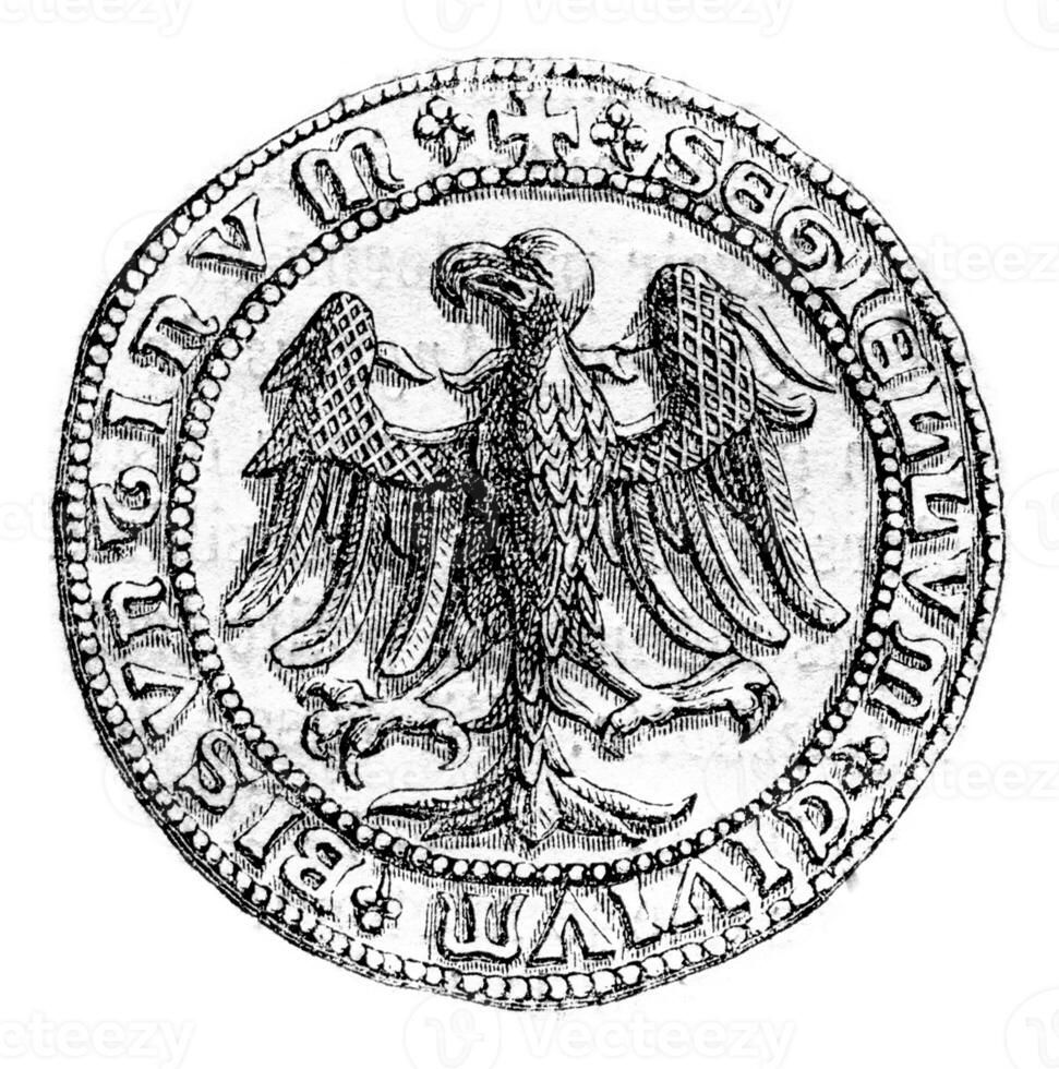 Small seal of the town of Besancon, beginning of the fifteenth century, vintage engraving. photo