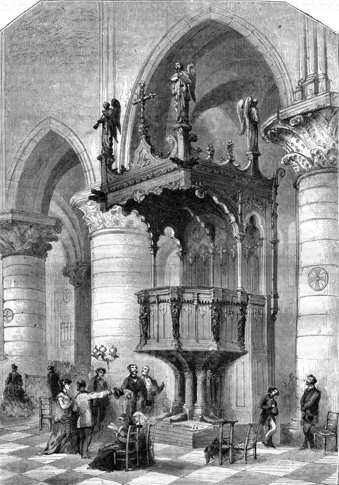 New chair at Notre Dame de Paris, vintage engraving. photo