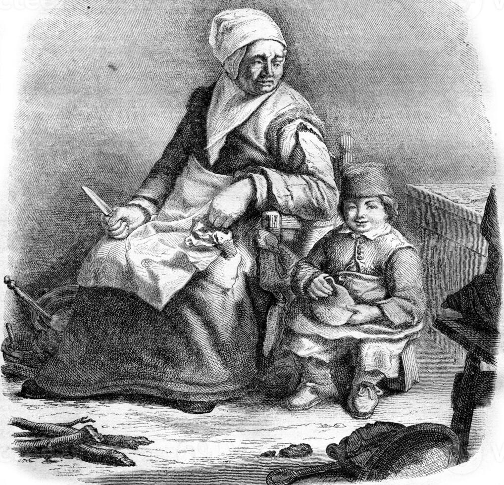Two characters of printmaking, vintage engraving. photo
