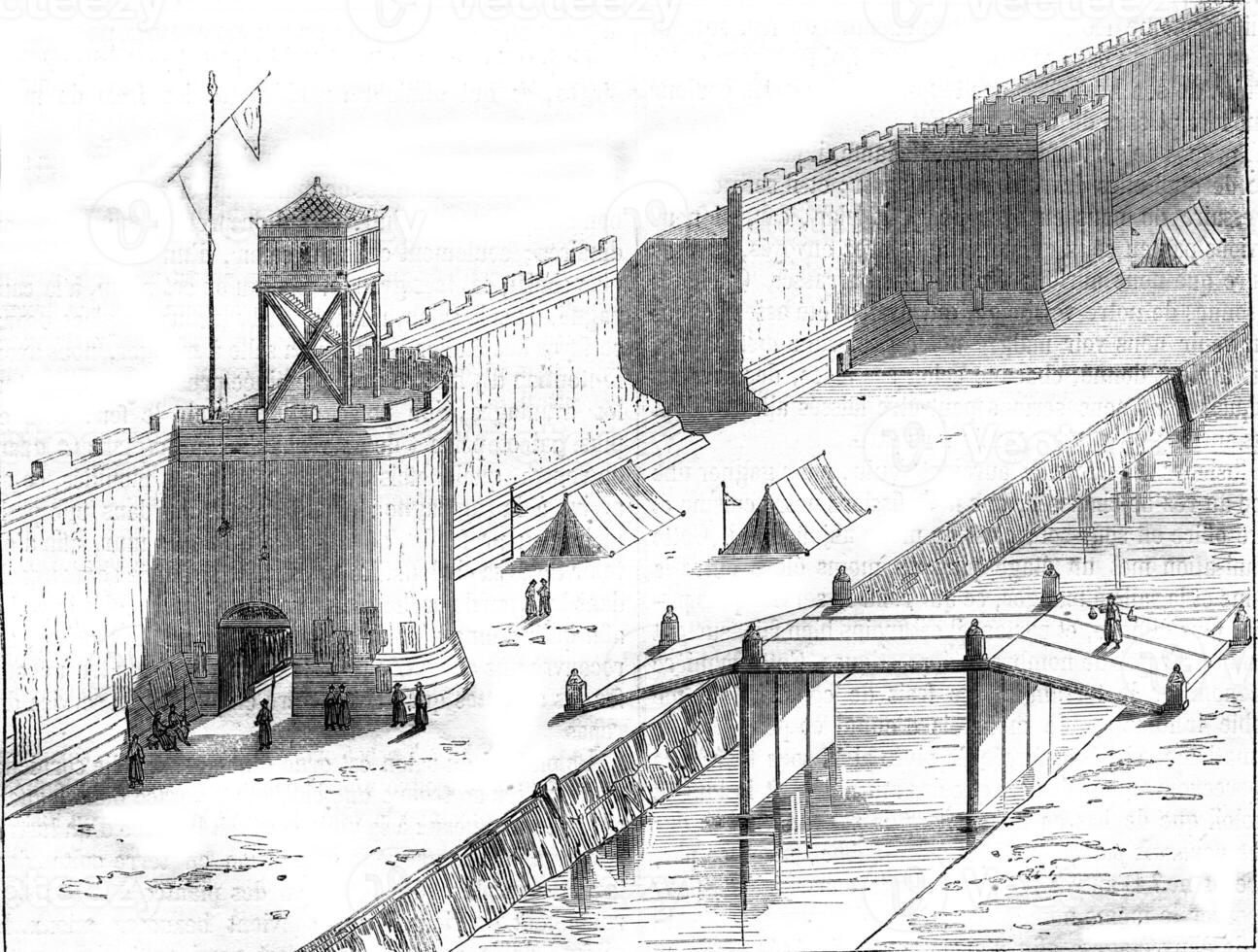 Chinese walls of a fortified city, vintage engraving. photo