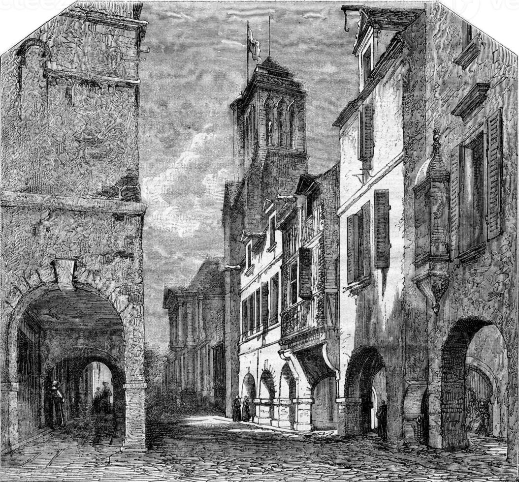 La Rochelle, Street Bishopric and the cloister St. Bartholomew, vintage engraving. photo