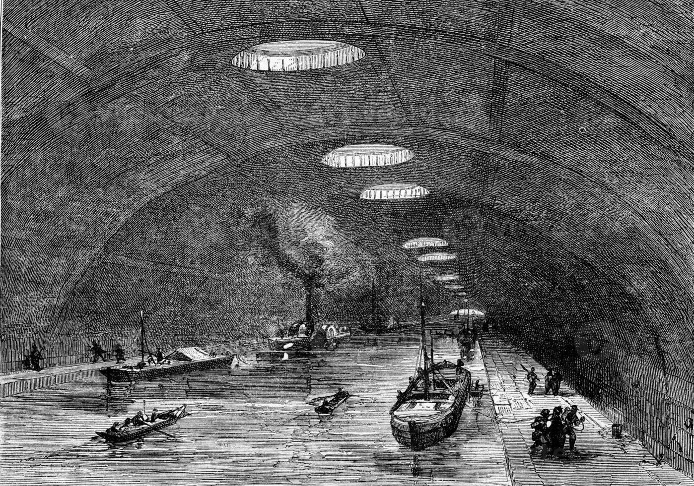 Underground Navigation Canal Saint-Martin, vintage engraving. photo