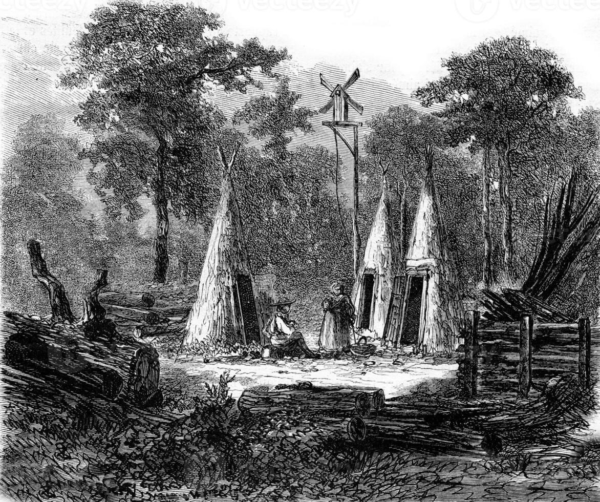 The Ardennes, Logging camp, vintage engraving. photo