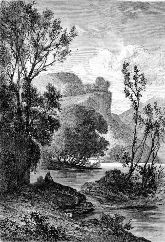 Shores of Teverone, Anio, vintage engraving. photo