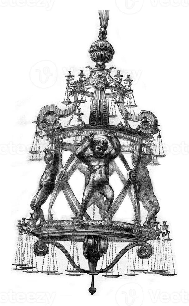 Bronze lamp in the Cathedral of Pisa, vintage engraving. photo