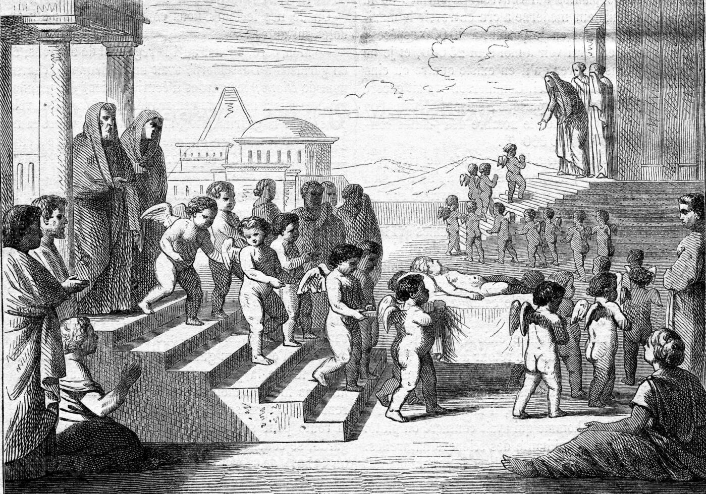 The Funeral of a genius, Poussin attribute table, vintage engraving. photo