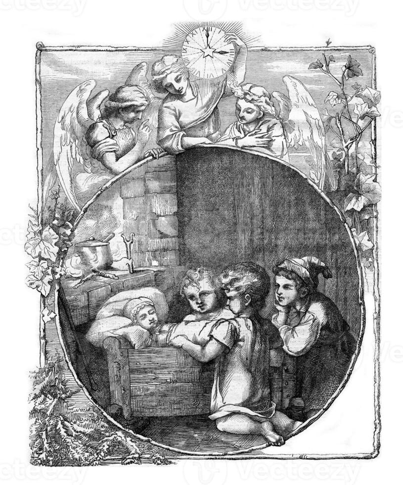 Around the cradle, Composition drawing and Miss Marie-Edmee Pau, vintage engraving. photo