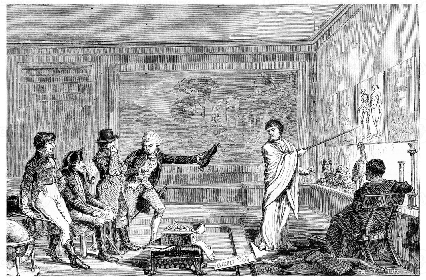 A conference. Facsimile of the frontispiece of the tables of the universe and of human knowledge 1802, vintage engraving. photo