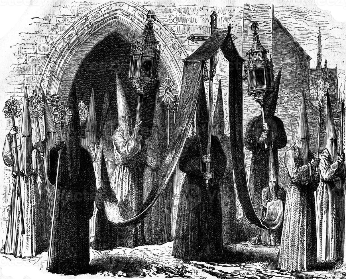 Penitents of Limoges, costume exposed in 1874 in the Historical Museum of the costume, vintage engraving. photo