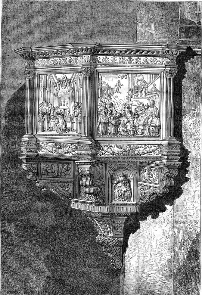 Pulpit of the church of Santa Croce in Florence by Benedetto da Maiano, vintage engraving. photo