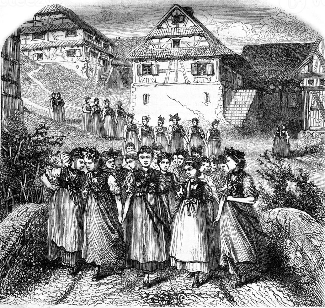 Alsace, Remembrance of the past, The Sunday walk to the village, vintage engraving. photo