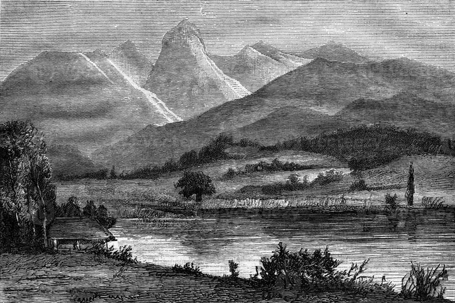 Example moraine landscape, Surroundings of Thun, Lake Gerzensee, basically the Stockhorn, vintage engraving. photo