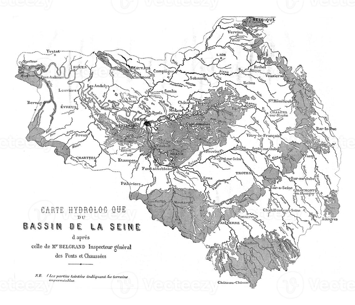 Seine basin, vintage engraving. photo