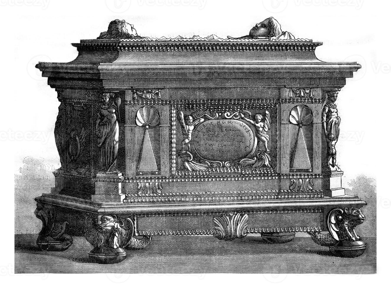 Box of the guild of carpenters, Strasbourg seventeenth century, vintage engraving. photo