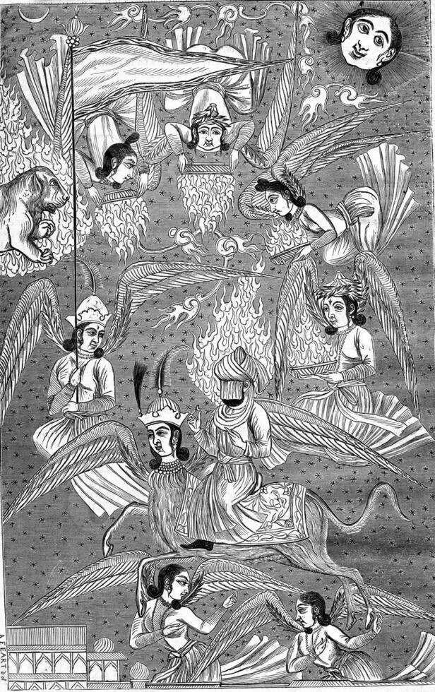 Muhammad led to heaven by the angel Gabriel, and after a Persian miniature, vintage engraving. photo