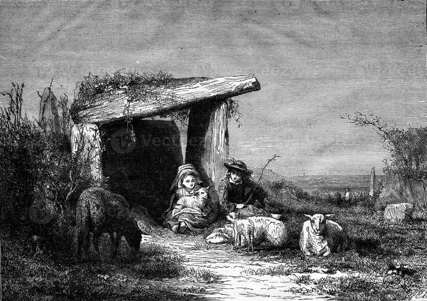 Small Breton shepherds, vintage engraving. photo