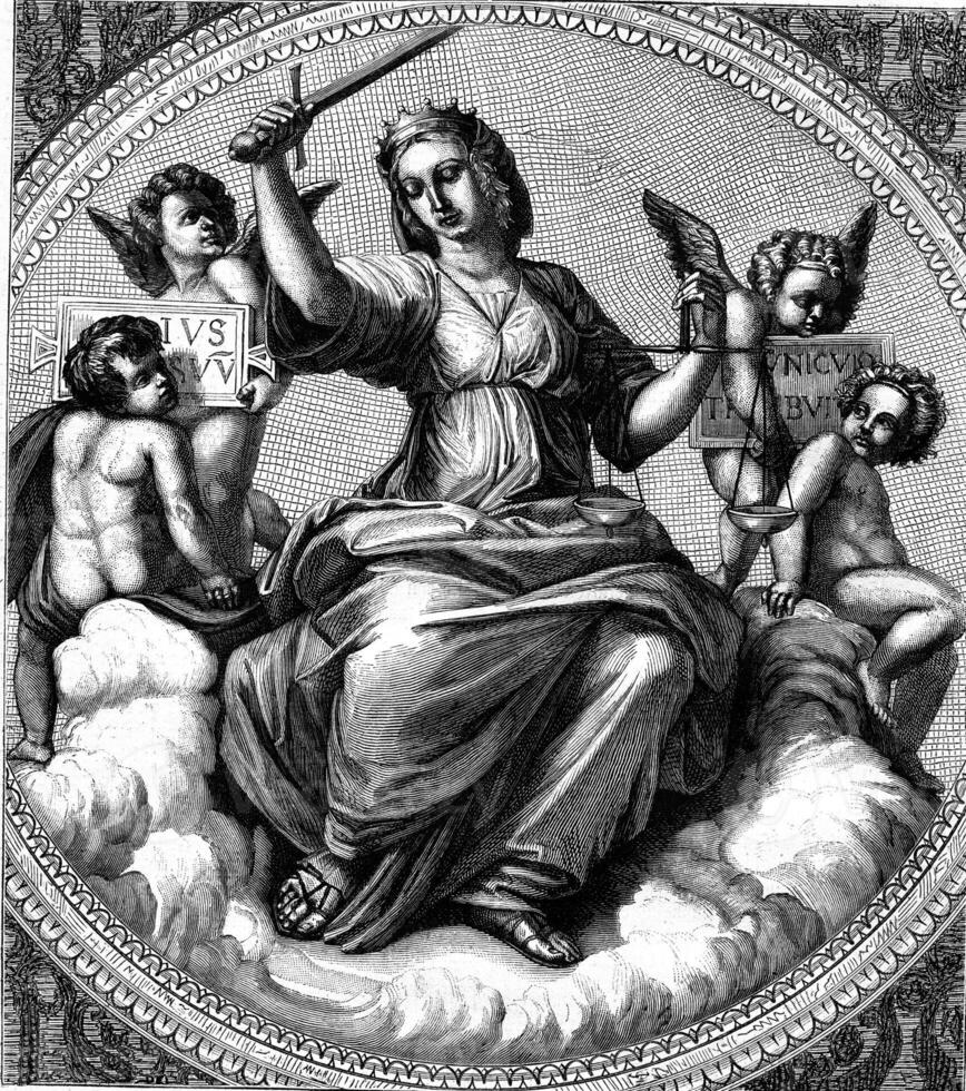 Justice, fresco by Raphael in the Vatican, vintage engraving. photo