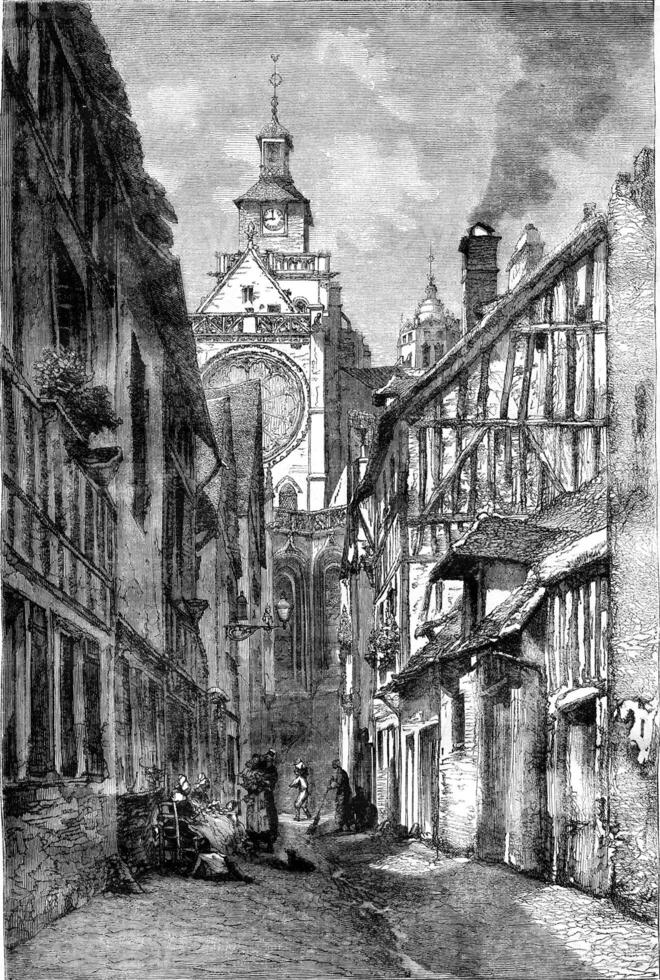 Impasse, Isle street. and Parish Church at Gisors, vintage engraving. photo