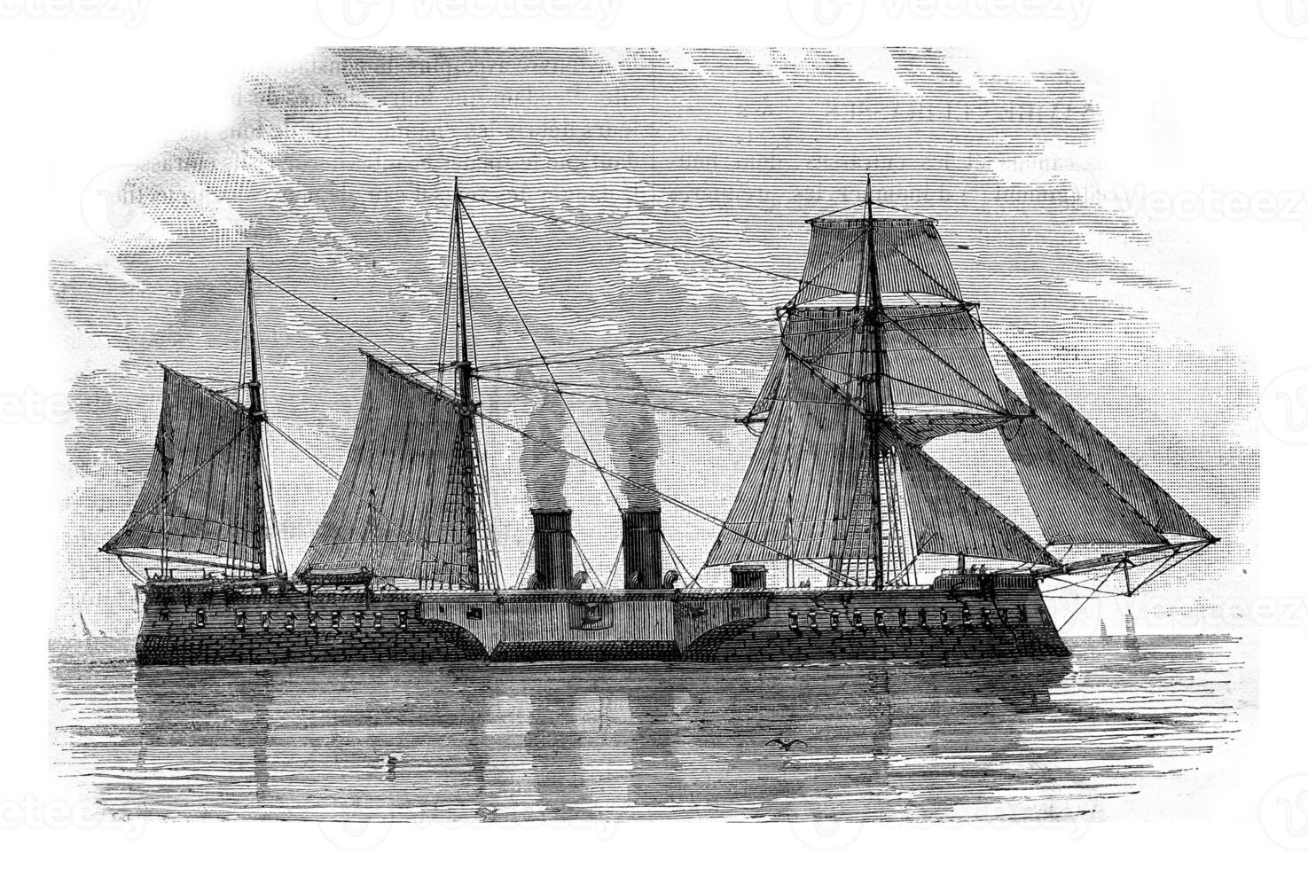 The Tegethoff Austrian battleship, vintage engraving. photo