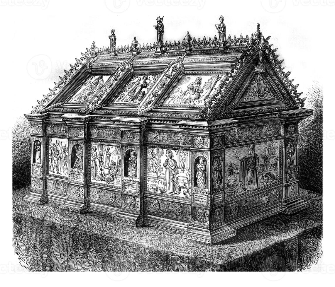 The shrine of holy Rolende, in Gerpinnes, Hainaut province, vintage engraving. photo