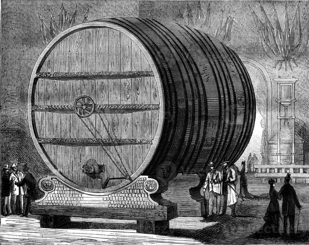 Champagne lightning, the capacity of seventy-five thousand bottles, vintage engraving. photo