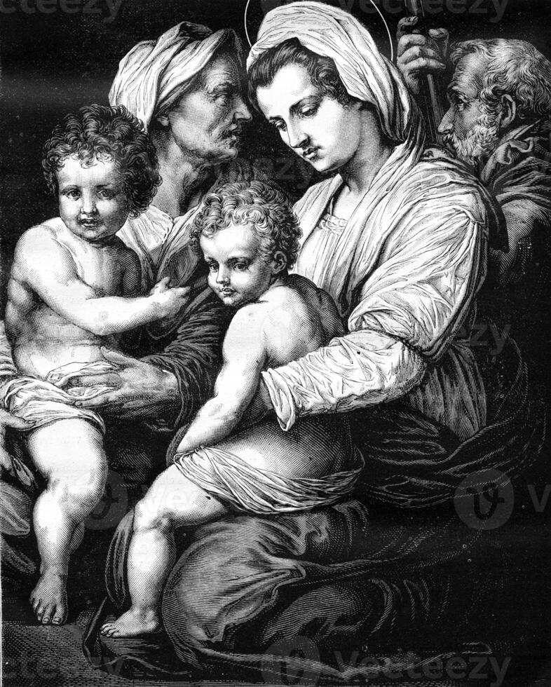 Holy Family by Andrea del Sarto, in the Louvre Museum, vintage engraving. photo