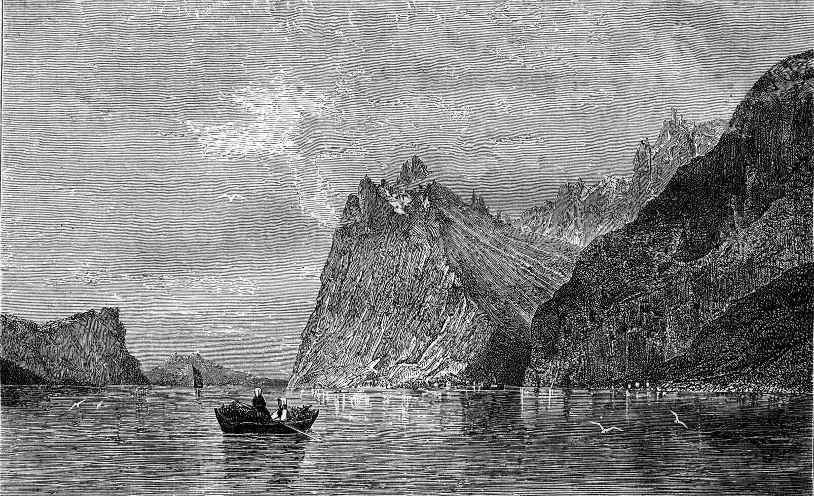 A Fiord, painting by TO. Norman, vintage engraving. photo