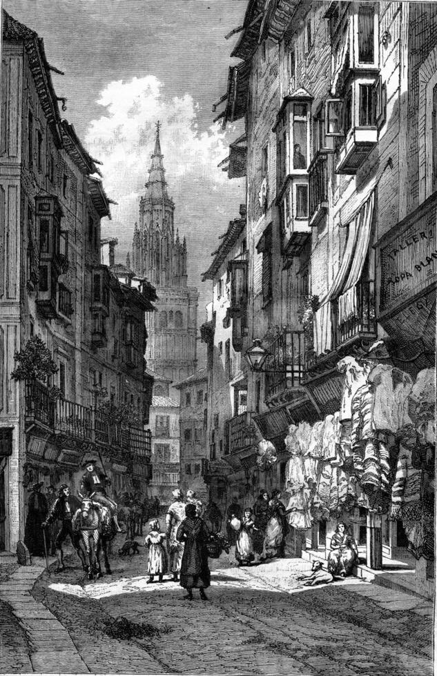 A Street of Toledo, vintage engraving. photo