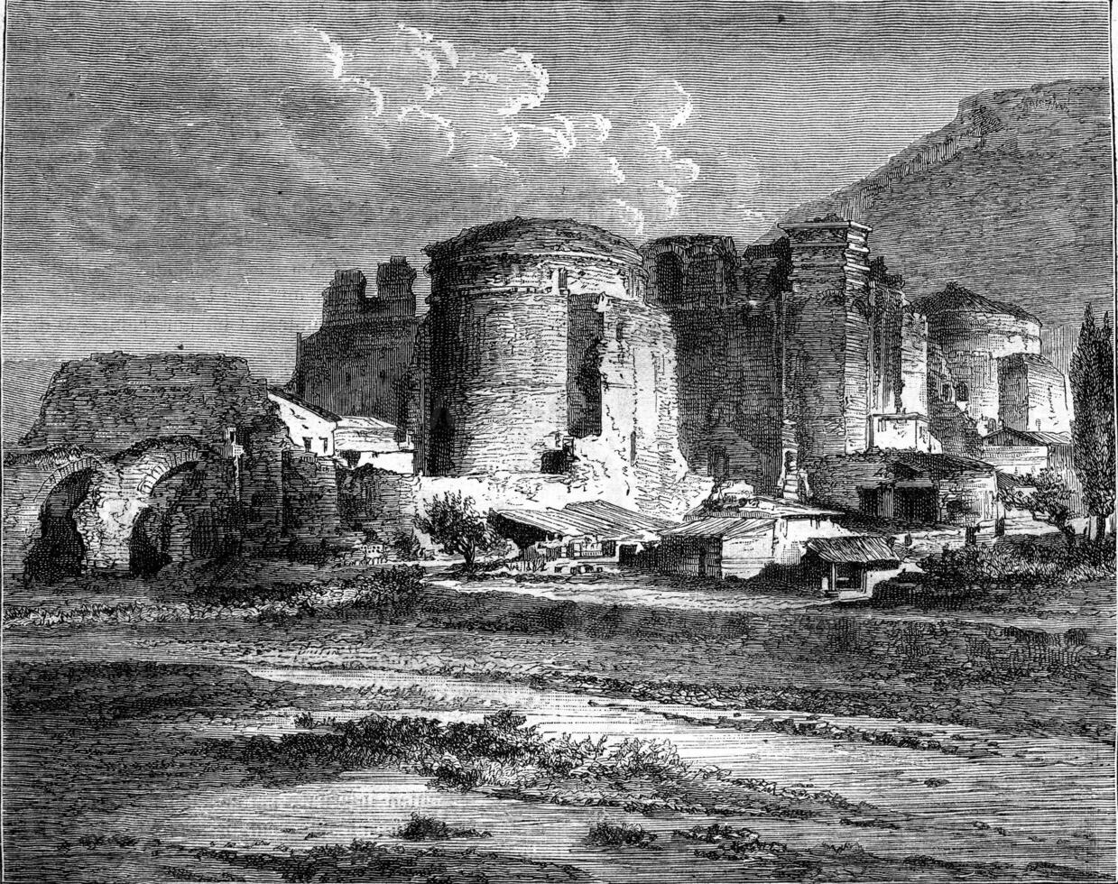 Pergamum, The old church of St John, which is supposed to built on the ruins of the Temple of Aesculapius, vintage engraving. photo