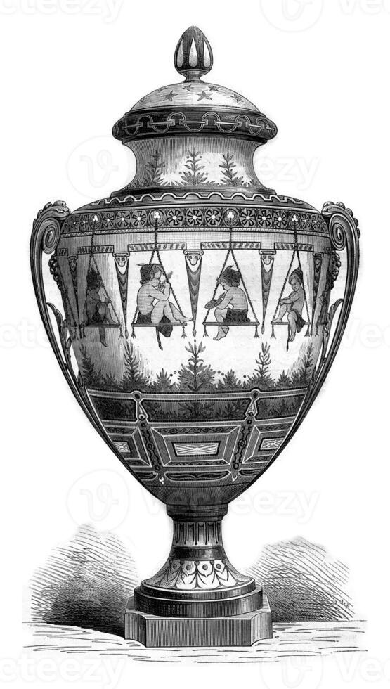 Manufacture de Sevres, The Painters, enamel vase decorated in relief, vintage engraving. photo