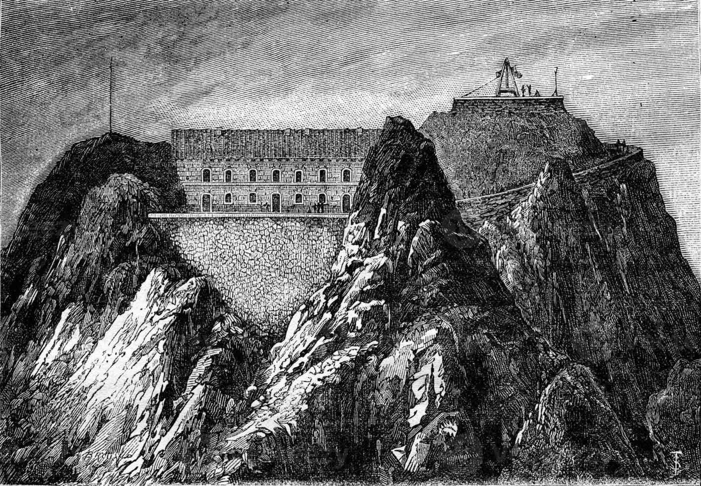 The new Observatory of the Pic du Midi, vintage engraving. photo