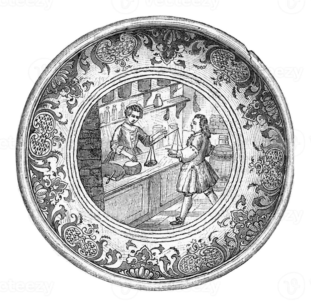 Earthenware bowl of Paris, A grocer counter in the eighteenth century, vintage engraving. photo