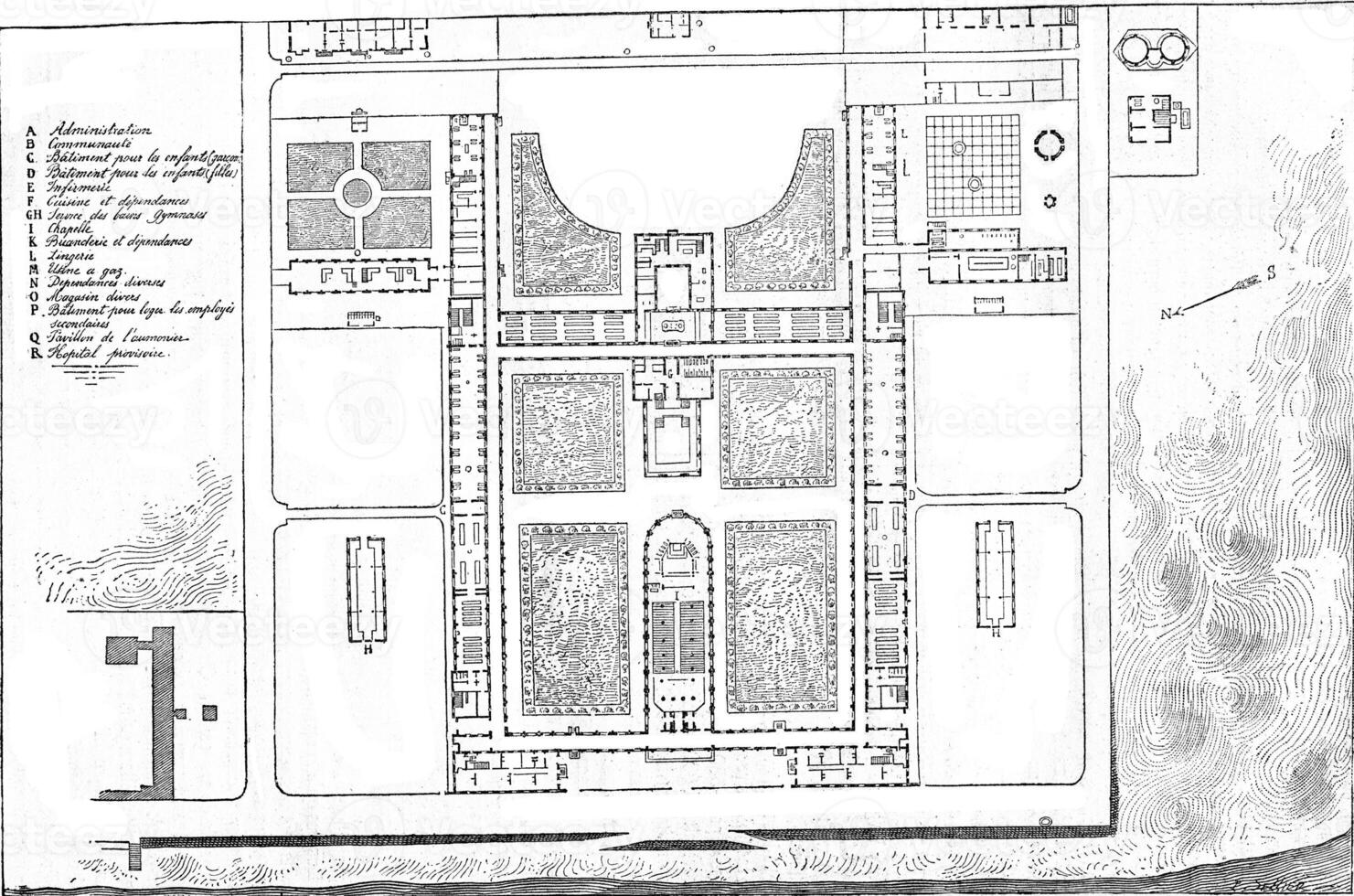 Plan of the Hospital of Berck-sur-Mer, vintage engraving. photo