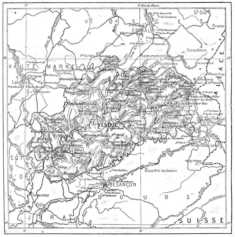 Map of Department of Haute-Saone vintage engraving photo