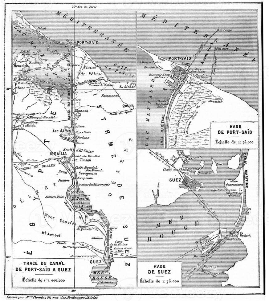 Map of Suez Canal, vintage engraving. photo