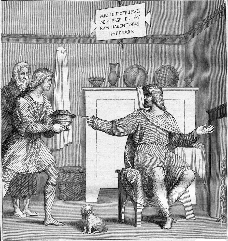 Louvre Museum, Curious, in his cottage, refusing gold Samnites, vintage engraving. photo