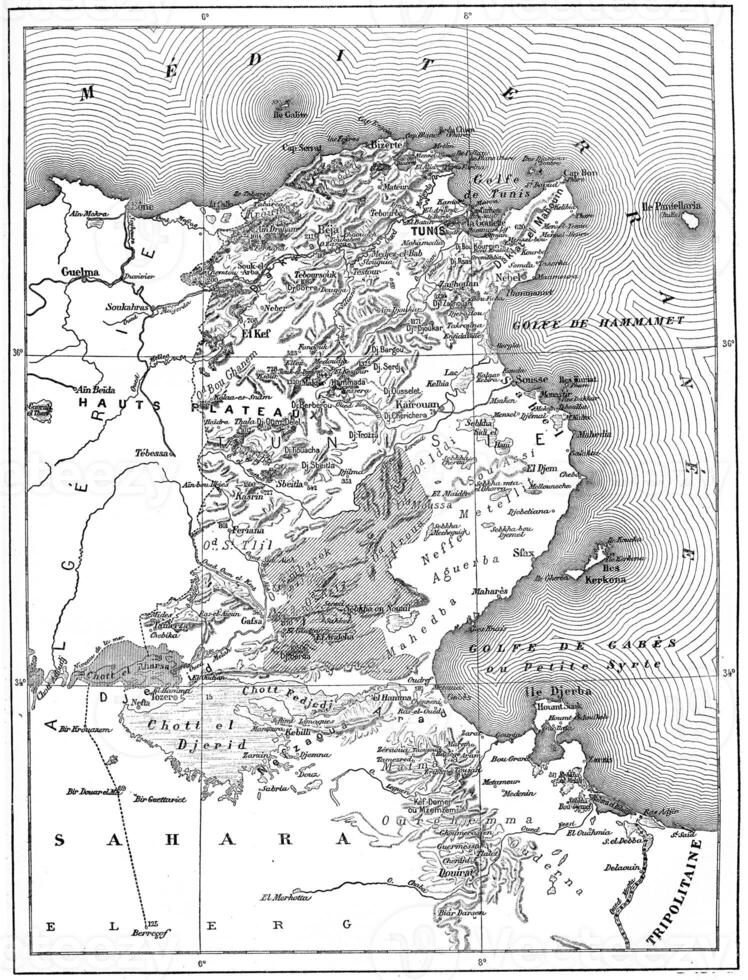 Map of Tunisia, vintage engraving photo