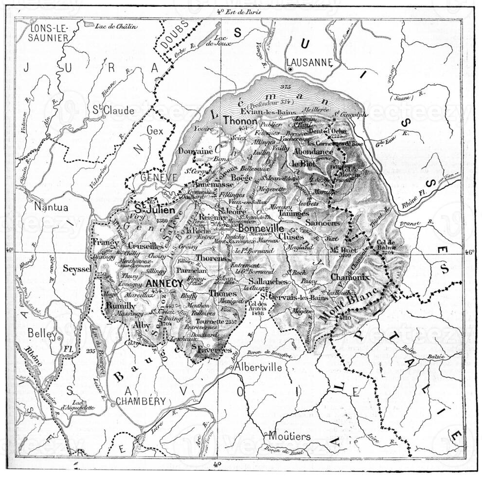 Map of Department of Haute-Savoie vintage engraving photo