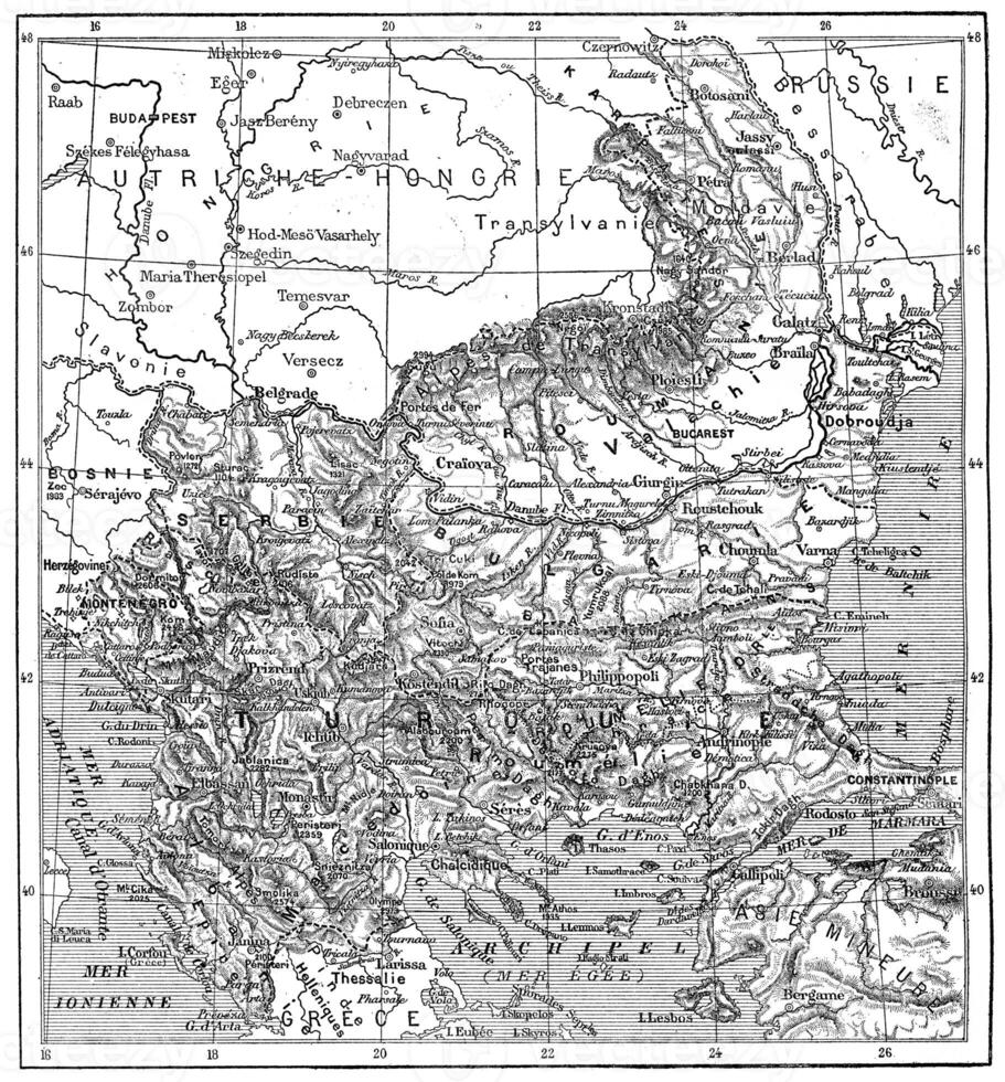 Map of Turkey, Bulgaria, Serbia, Romania and Montenegro, vintage engraving photo