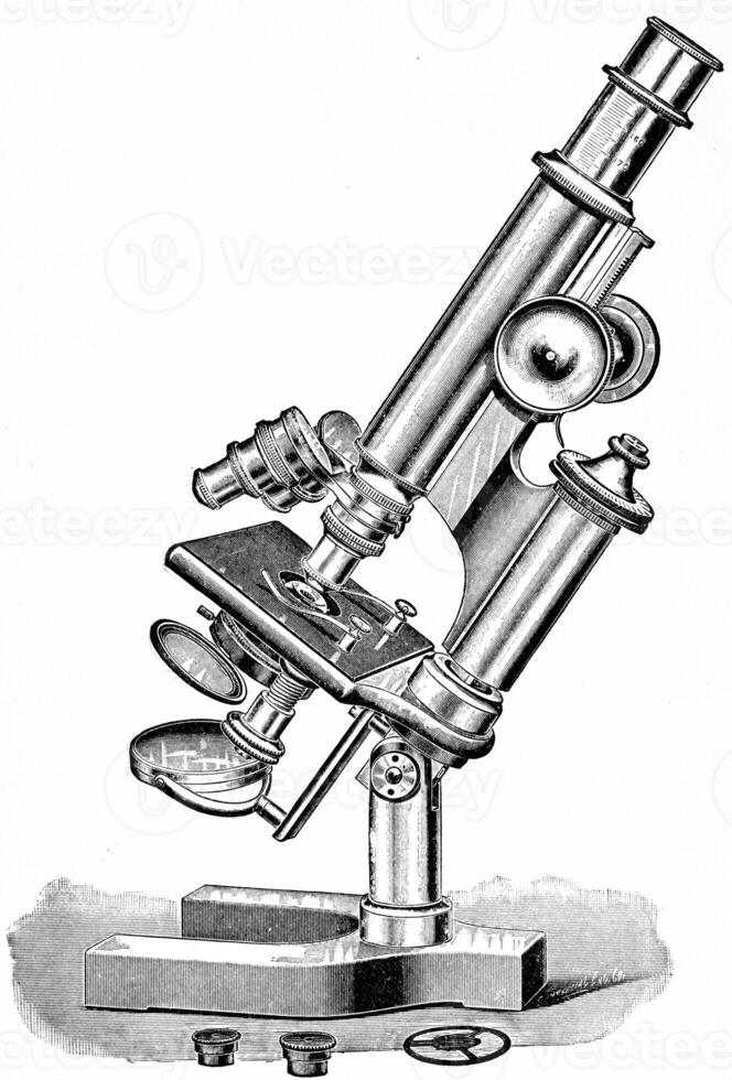 Microscope suitable for general pathologic and bacteriologic work, vintage engraving. photo