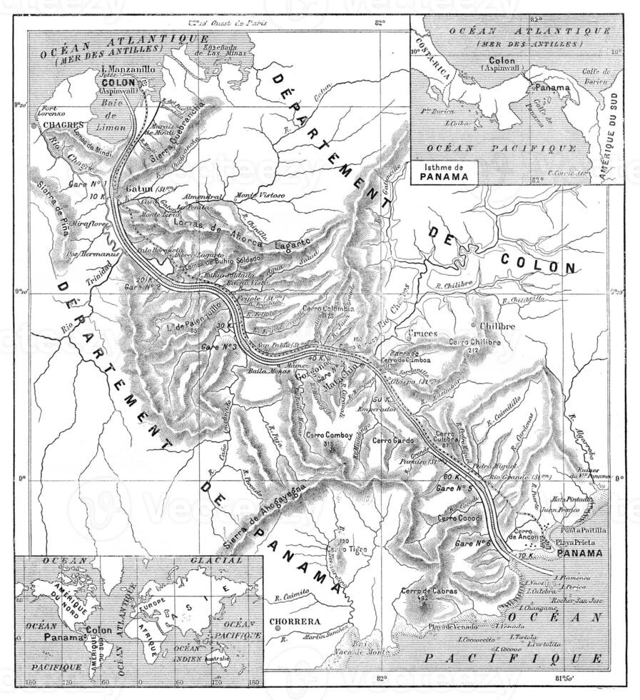 Map of Panama Canal, vintage engraving. photo