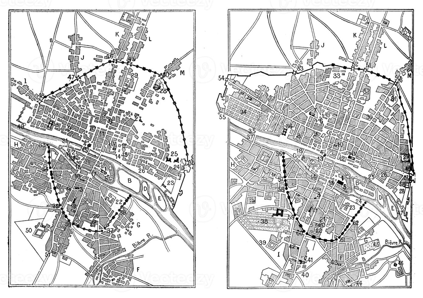 Map of Paris under Henri IV and Paris in the advent of Louis XIV, vintage engraving. photo