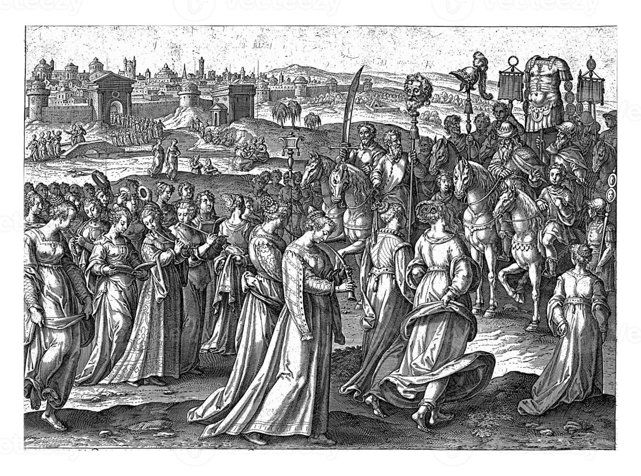 David's Triumph, Adriaen Collaert, vintage illustration. photo