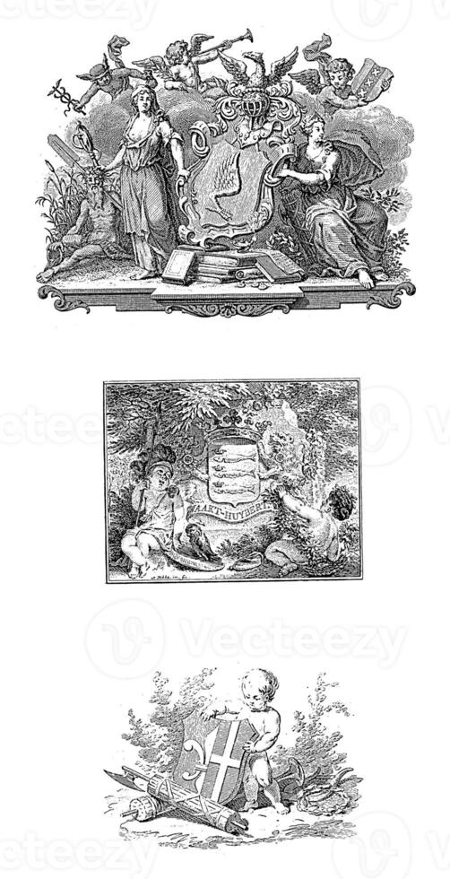 Three vignettes with coats of arms, vintage illustration. photo