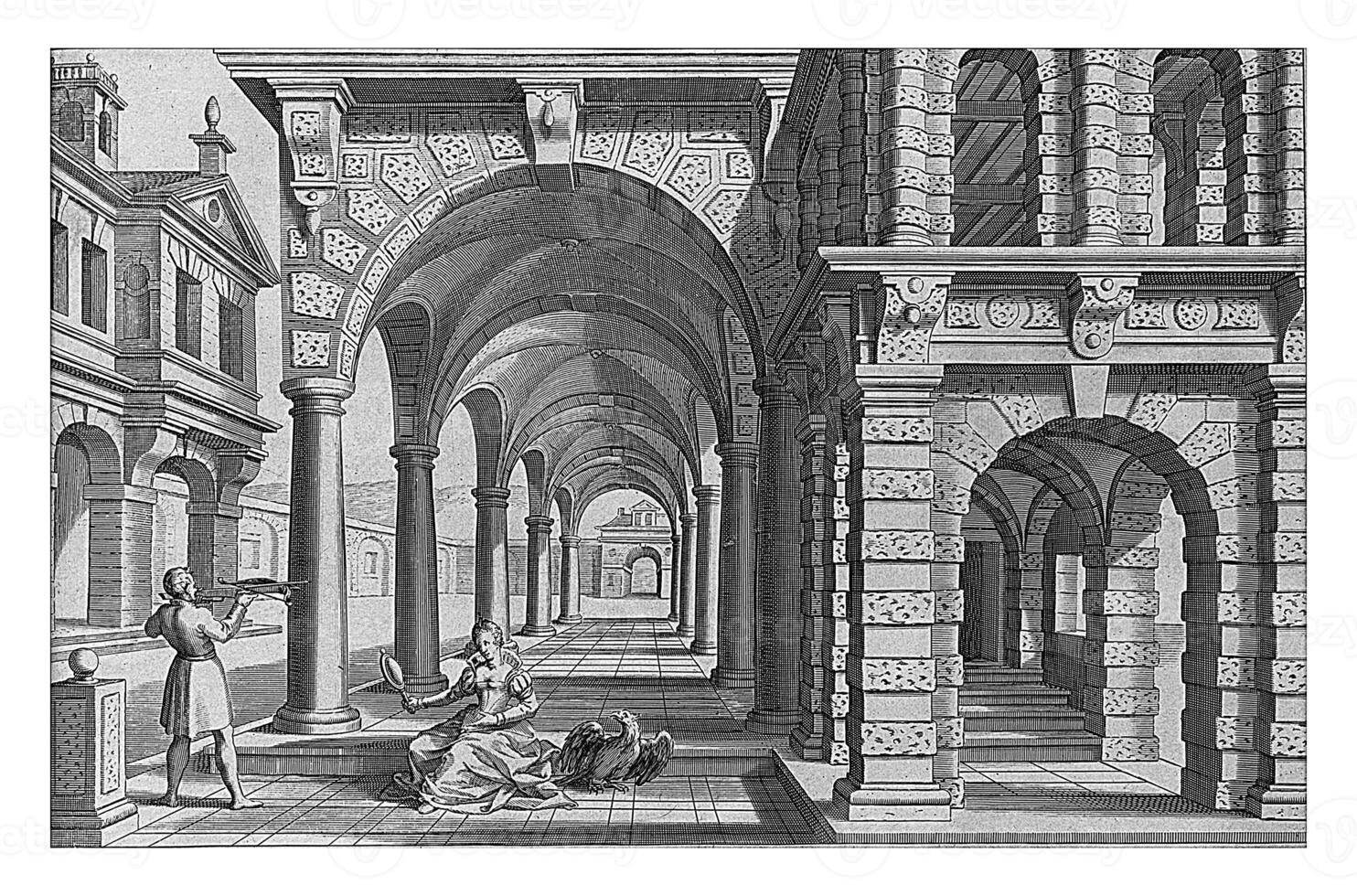 Arcade with columns of the Tuscan order and the view of the senses, vintage illustration. photo