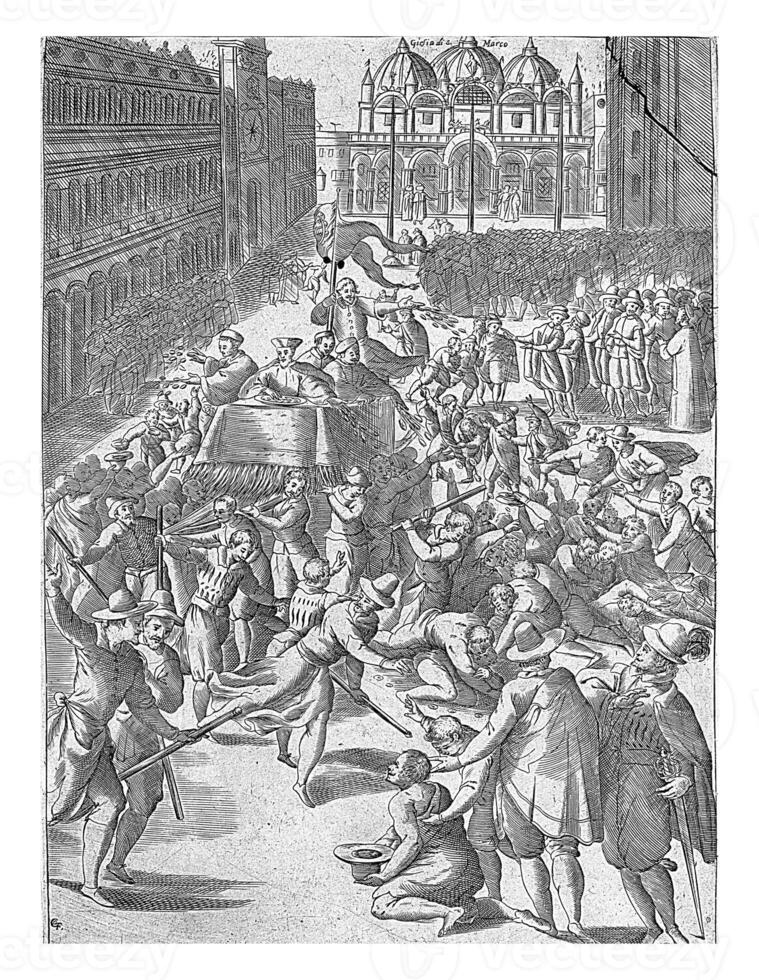 Doge is carried over Saint Mark's Square in Venice, anonymous, 1610, vintage illustration. photo