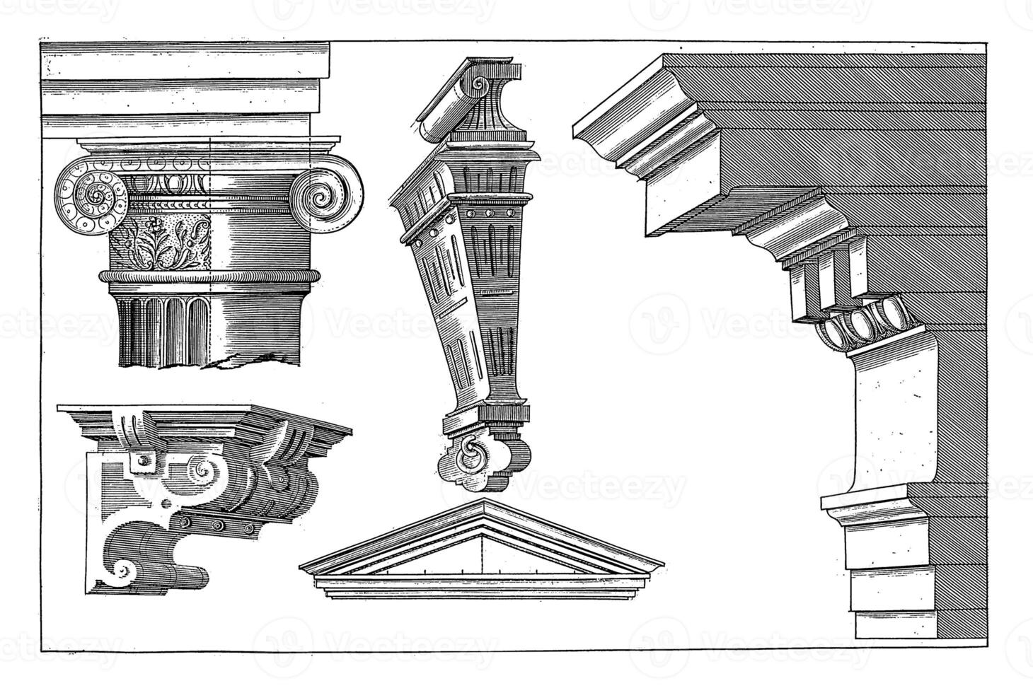 Ionic capital and main frame, Hendrick Hondius I, vintage illustration. photo