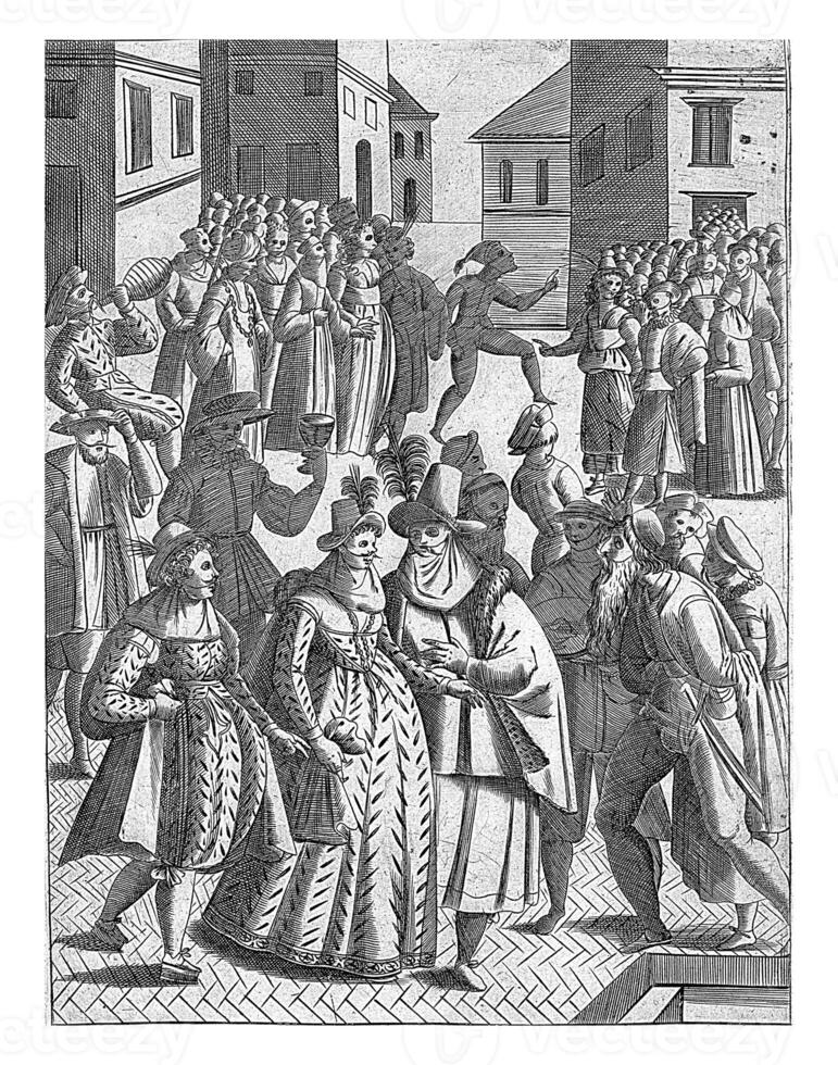 Carnival in Venice, Masked men and women on the street, vintage illustration. photo