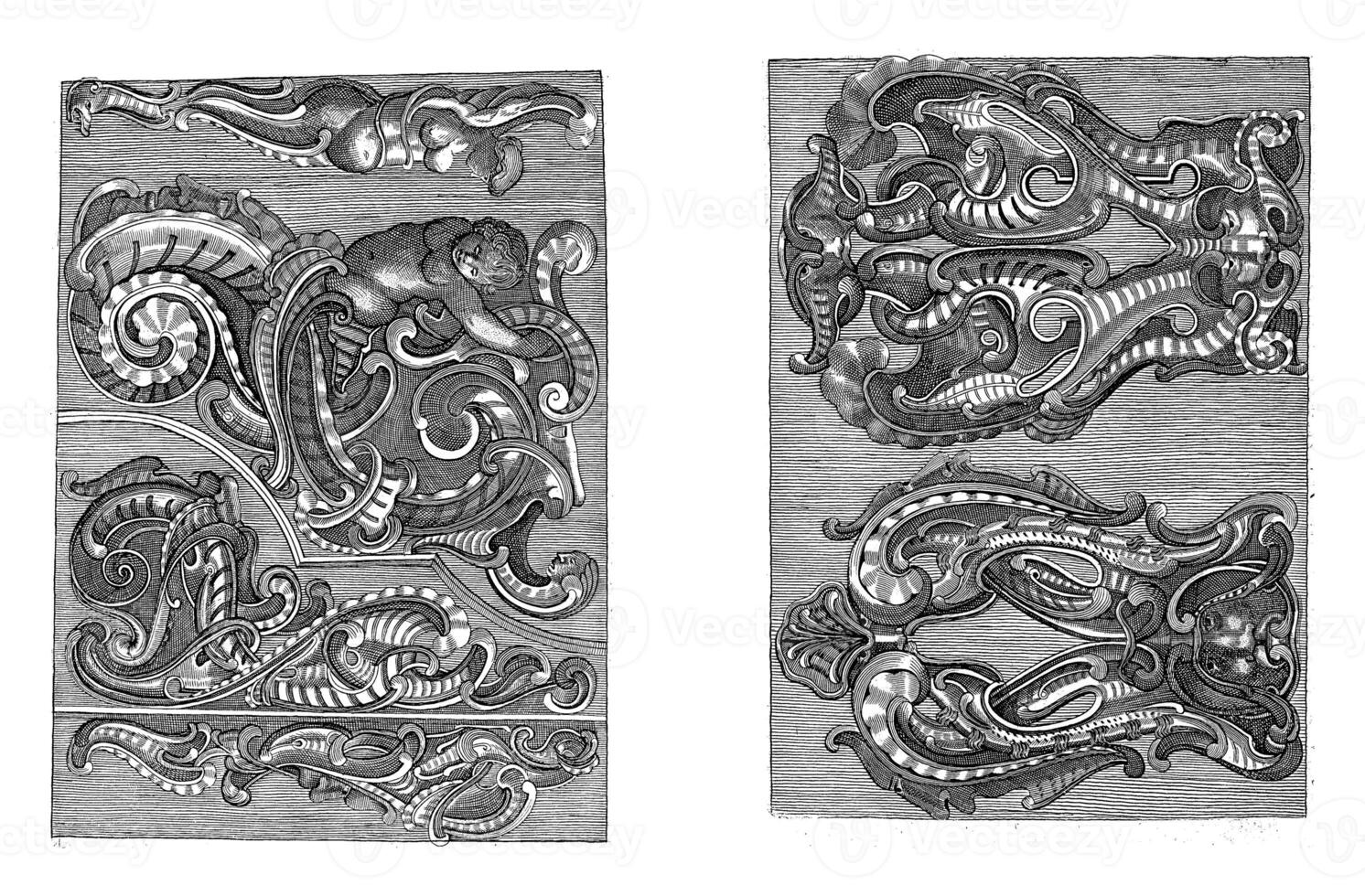 Four ornaments and two lobe-style backrests, vintage illustration. photo