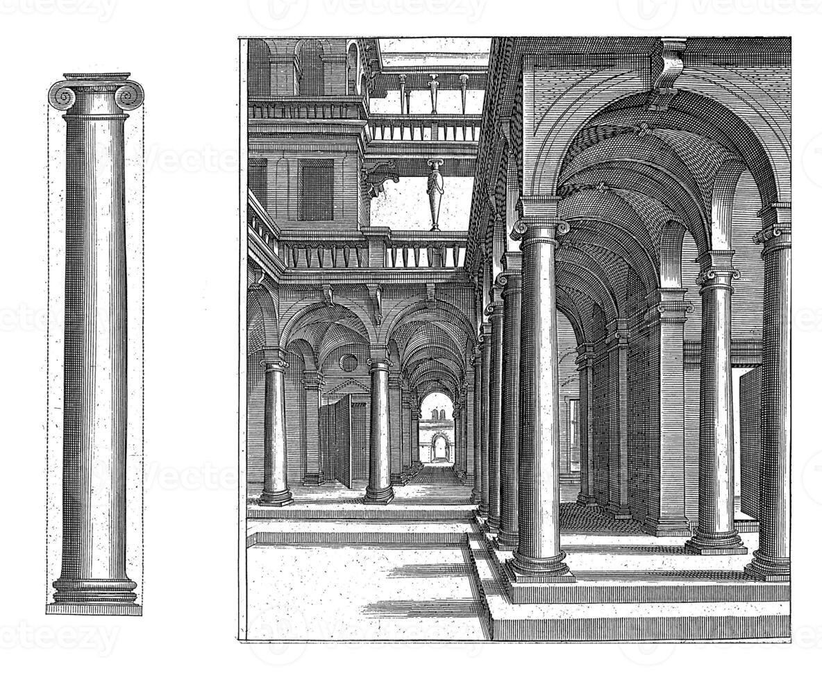 Column of the Ionic order and a colonnade, Hendrick Hondius I, vintage illustration. photo